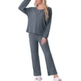 thumbnail image 2 of Conjunto de pijama para mujer INSPIRE CHIC, de punto waffle, de manga larga, 2 piezas, atuendo de sudadera, M Gris oscuro, 2 of 6