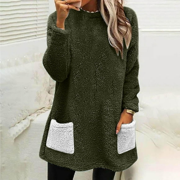 Clearance Sale! Rigardu Womens Pullover 2024 Fuzzy Sweatshirts Oversized Thermal Sweaters with Pockets Winter Clothes Green Xl