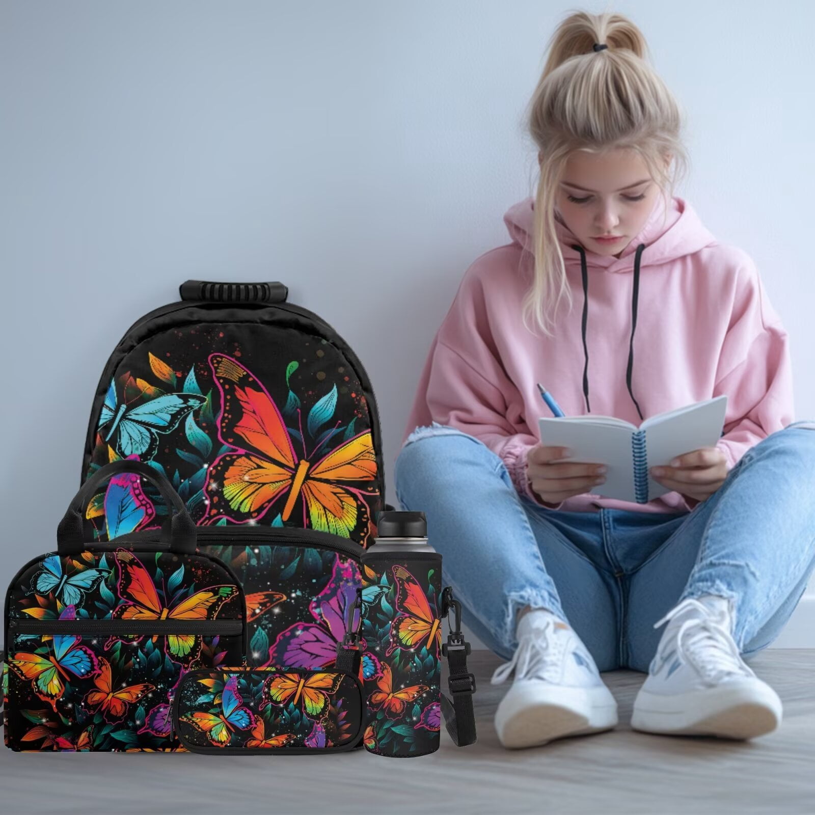 Pzuqiu Colorful Butterfly Girls Backpack with Lunch Box Pencil Case Water Bottle Holder 17 Inch Backpacks for School Girls with Adjustable Shoulder Strap, 4pcs Large Student Bag