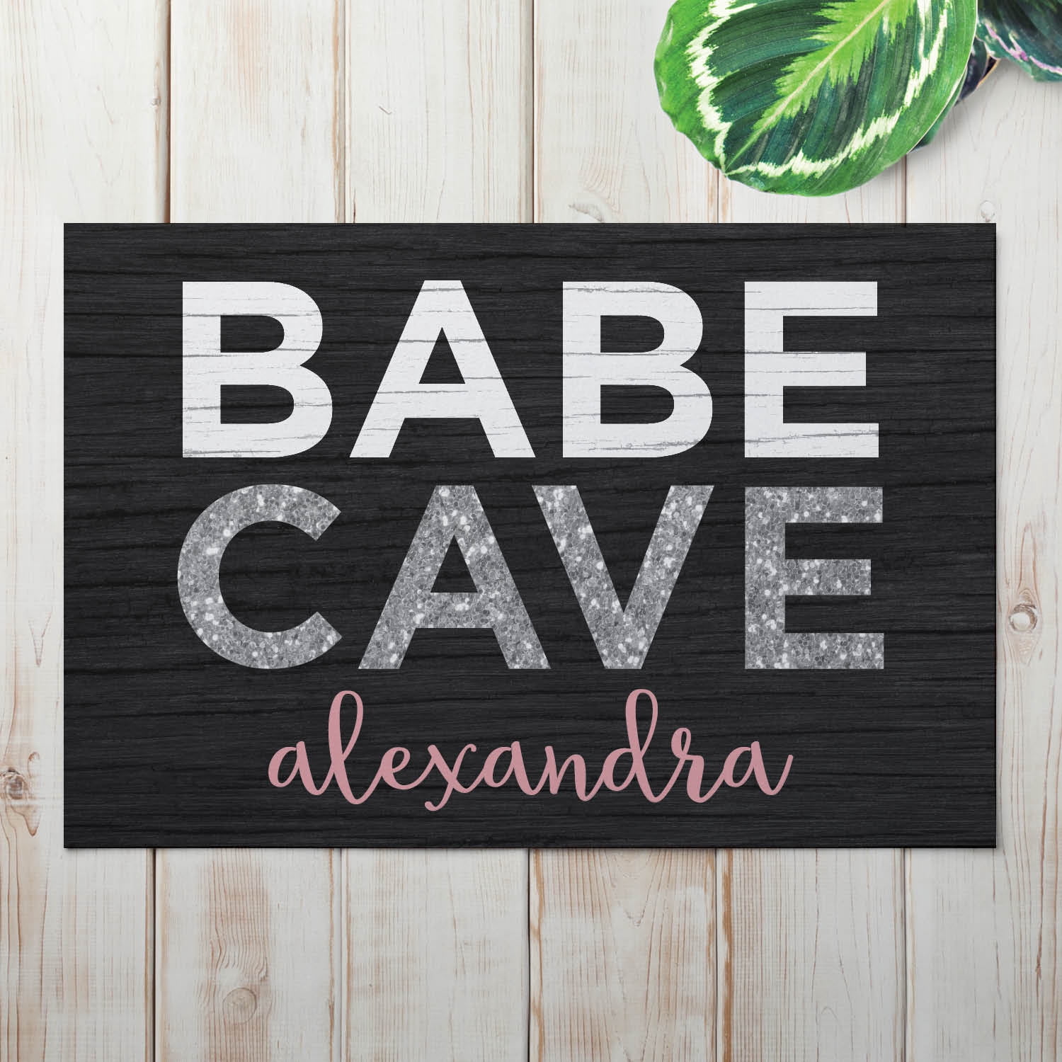 Personalized Planet 27x18 Babe Cave Doormat with Custom Personalization Printed on Black Rectangular 1/4” Thick Non Slip Mat for Kitchen Hallway Deck or Porch