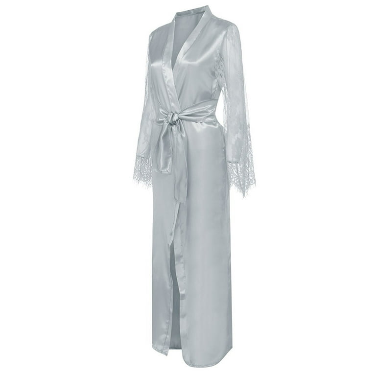 slim fit dress slacks Elegant Grey Satin Kimono Dress & Bathrobe