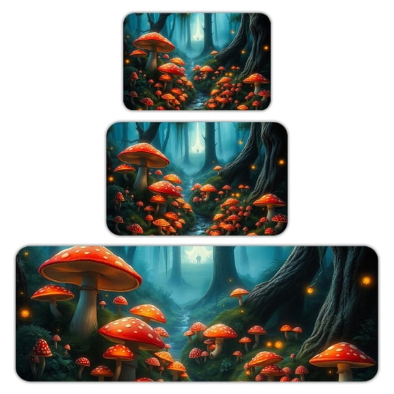 RKSupls Kitchen Rug Set 3 Piece Anti-Slip Flannel Floor Mats, Mushroom Forest Red Washable Absorbent Runner Mats for Kitchen Bathroom Home Decor