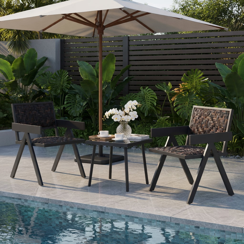 Hommoo 3-Piece Outdoor PE Wicker Bistro Set, 2 Armchairs + Coffee Table with Quick-Dry Foam Cushions, Fade-Resistant Brown Wicker & Tempered Glass Top, Brown