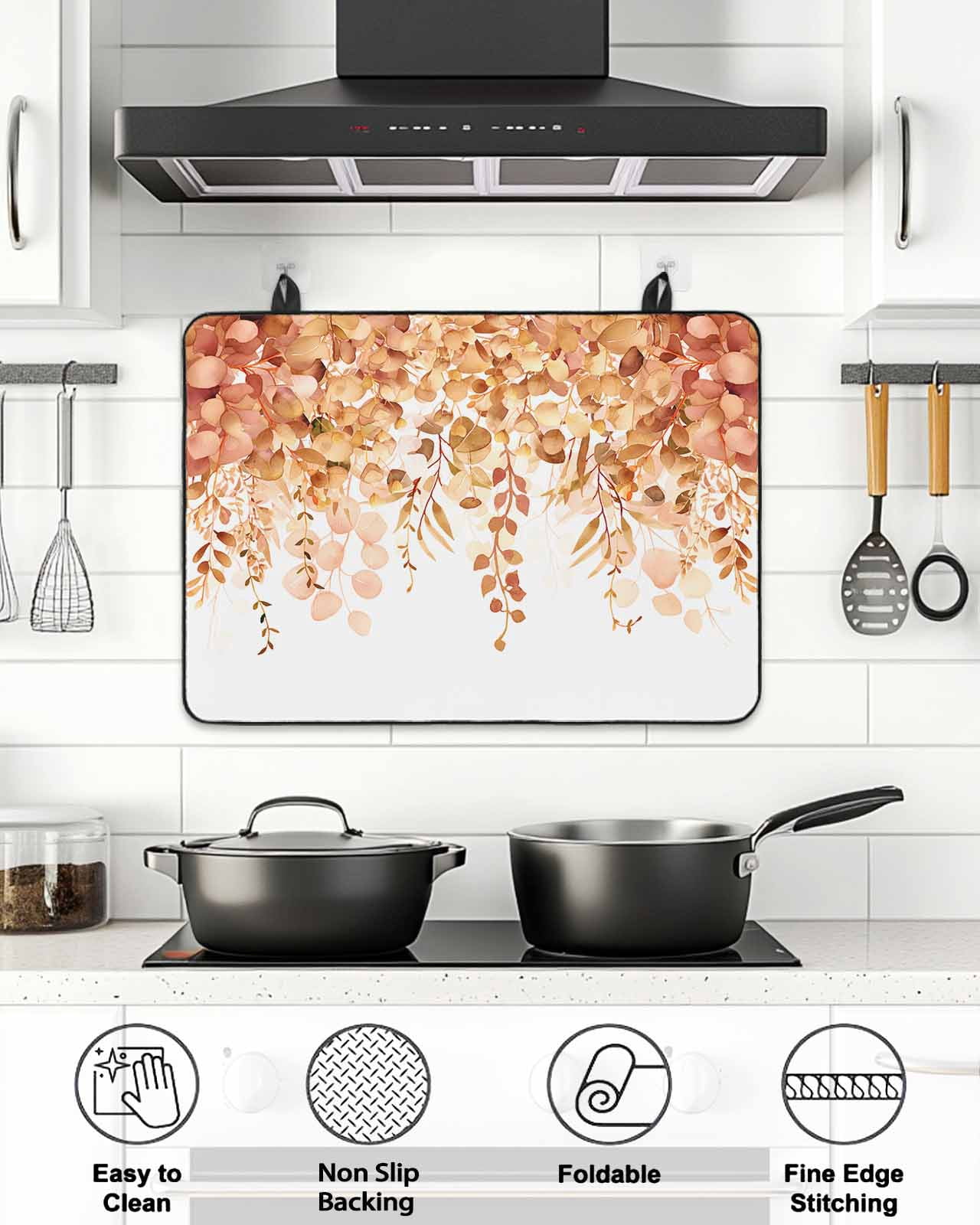 Stove Top Covers for Electric Stove, Orange Eucalyptus Leaves Glass Stovetop Cover Protector, Spring Floral Summer Botanical Induction Cooktop Protector Oven Mat for Kitchen Countertop 28.5"x20.5"