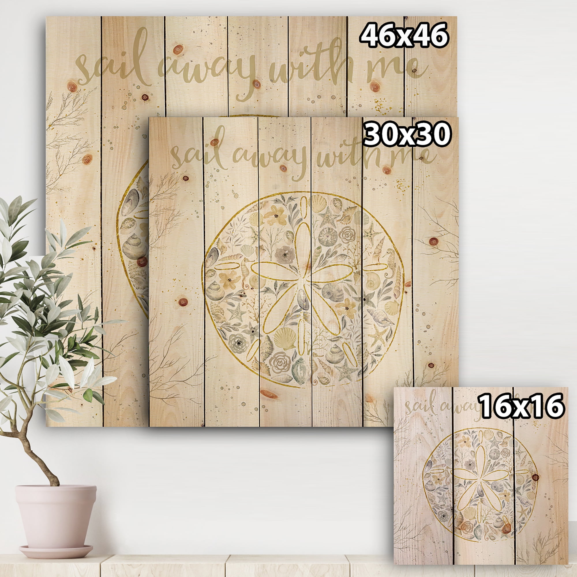 Designart 'Coastal Floral Blossoms IV Neutral' Nautical & Coastal Print on Natural Pine Wood