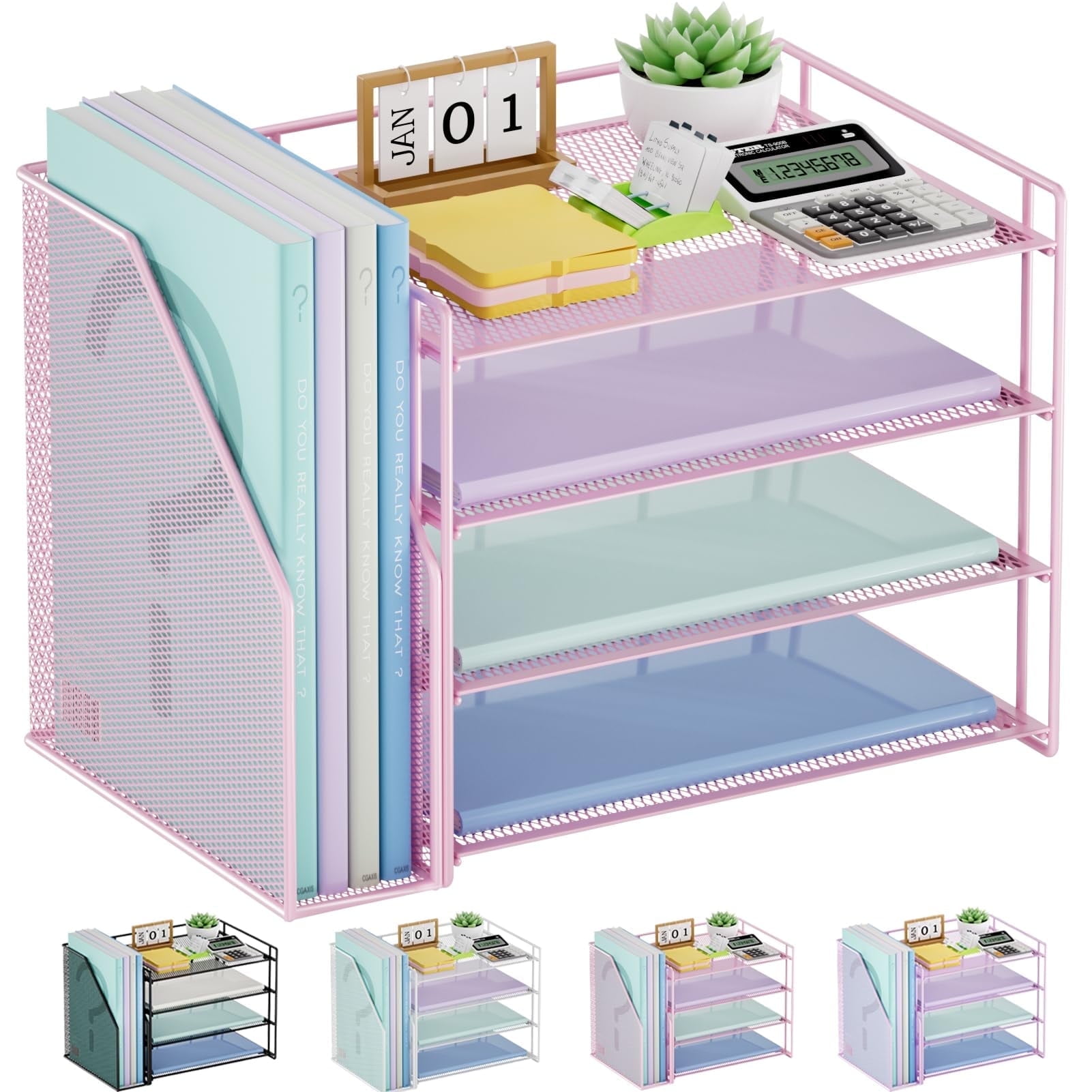 Marbrasse Desk Organizer ，4-Tier Paper Letter Tray Organizer with File Holder， Workspace Desktop Organizers for Home Office Desk Supplies (Pink)