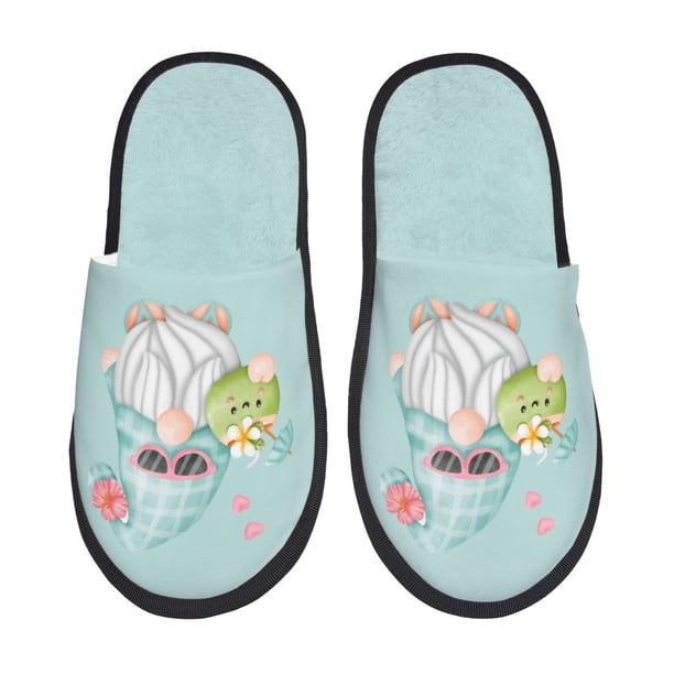 Fotbe Summer Gnome,Cute Gnome Pantuflas Peludas para Mujer con Estampado, Zapatillas de Peluche, Zapatos de Invierno para Casa, Uso Interior y Exterior-Large