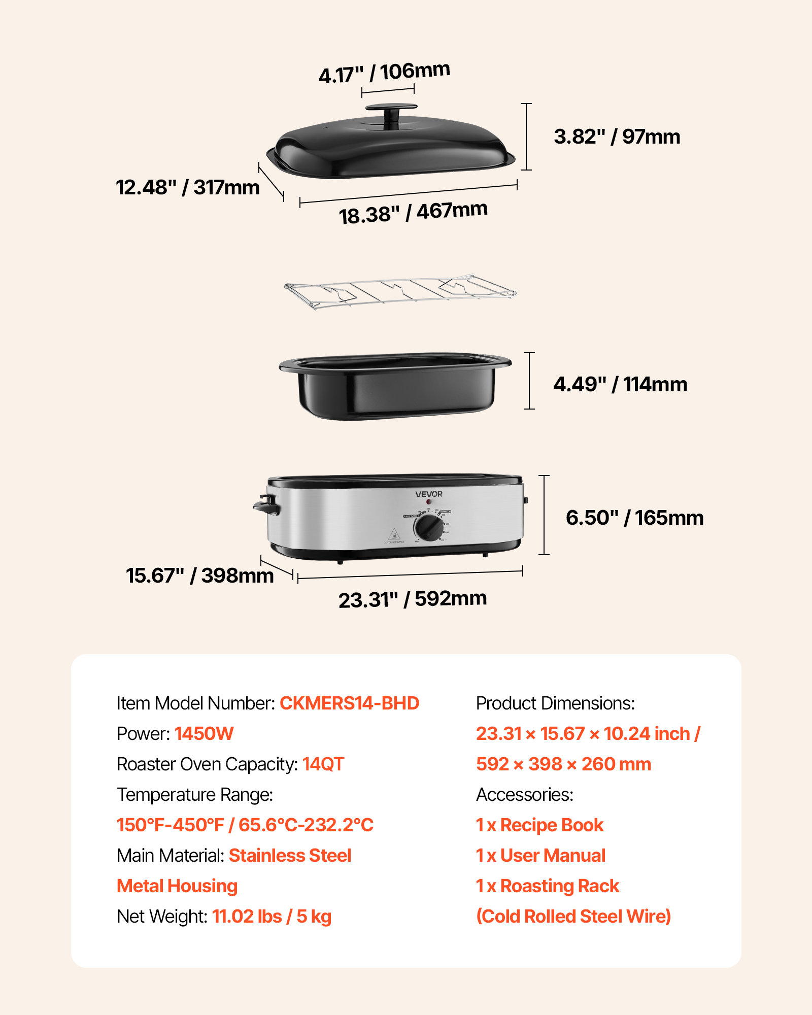 VEVOR Roaster Oven, 14QT Fast-Cooking Turkey Roaster, 150-450℉ Adjustable Temperature Electric Roasting Pan with Self-Basting Lid, Roasting Lift-Out Rack, Defrost & Warm Function, Fits 18lb Turkey