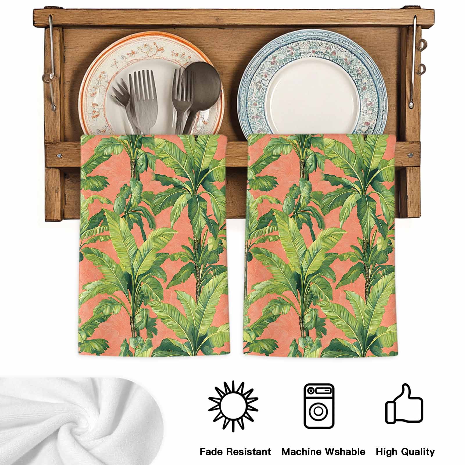 Palm Tree Tropical Kitchen Towels Set of 2, Pink Summer Green Botanical Soft Microfiber Dish Towels, Absorbent Quick-Dry Washable Dishcloths for Kitchen Cleaning, Drying Dishes, 18x28 Inches