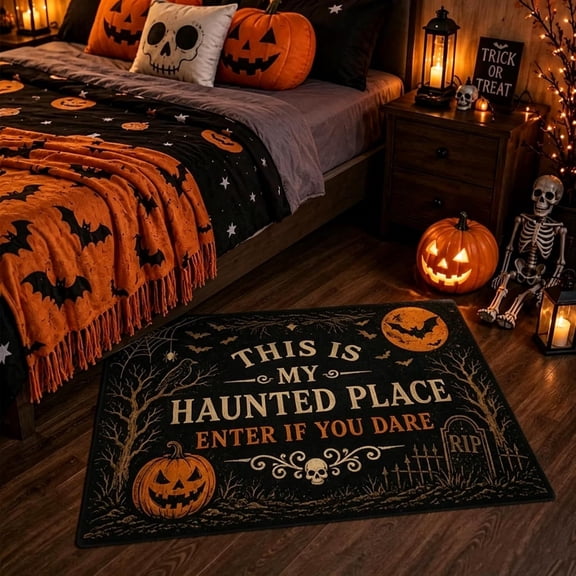 Vintage Halloween Doormat Non-Slip Welcome Mat for Front Door, Spooky Haunted House Entryway Rug with Jack-O-Lantern Bats Skull, Indoor Outdoor Porch Floor Mat(Small)Q