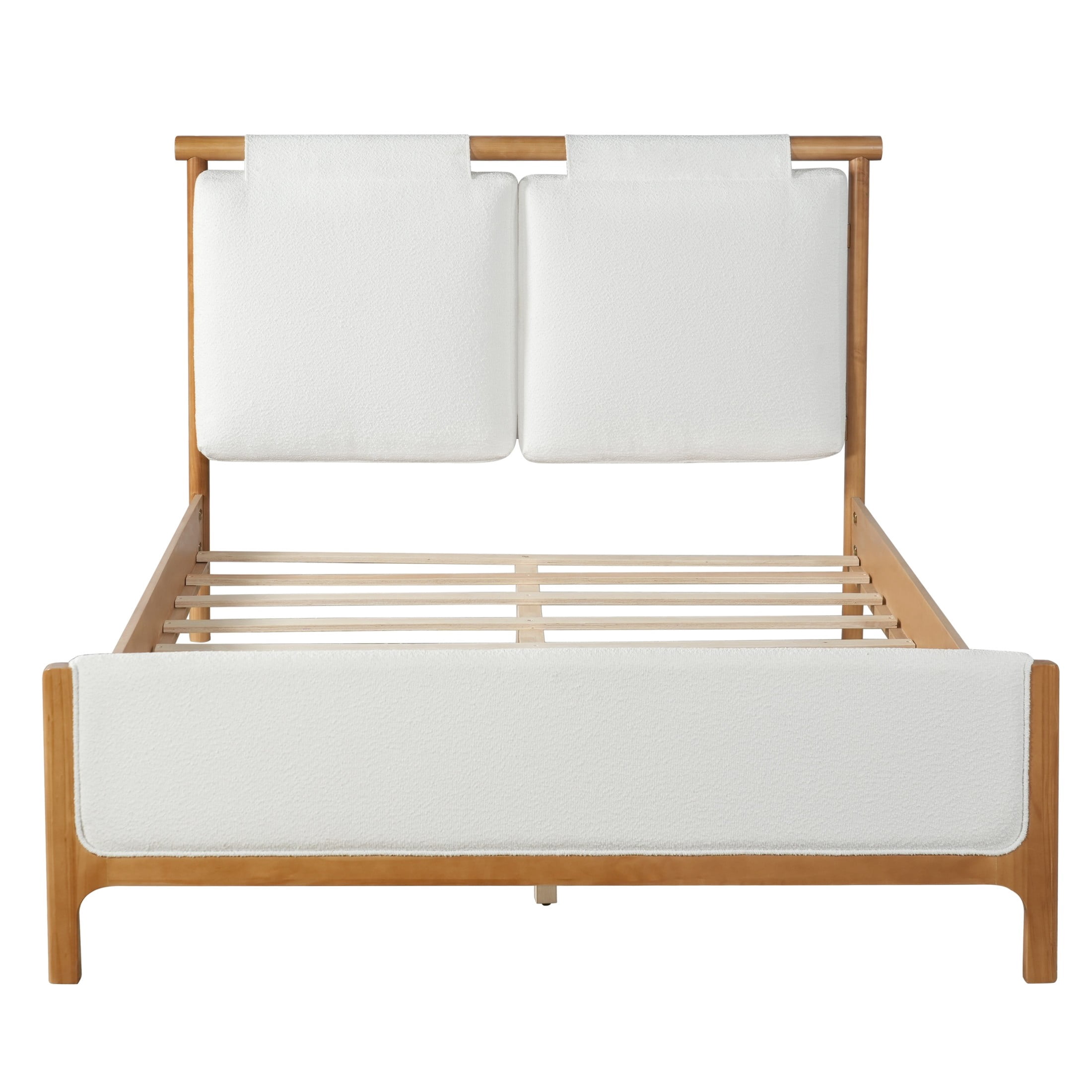 Christopher Knight Home Queen Platform Bed with White Upholstered, Wood Frame, Natural Finish