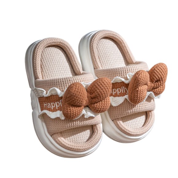 Toddler Slippers,Girls Slippers Breathable Linen Indoor Footwear Cartoon Bow Design Comfortable Soft Sole Toddler Home Shoes,Kids Slippers,Khaki,3-3.5 Years
