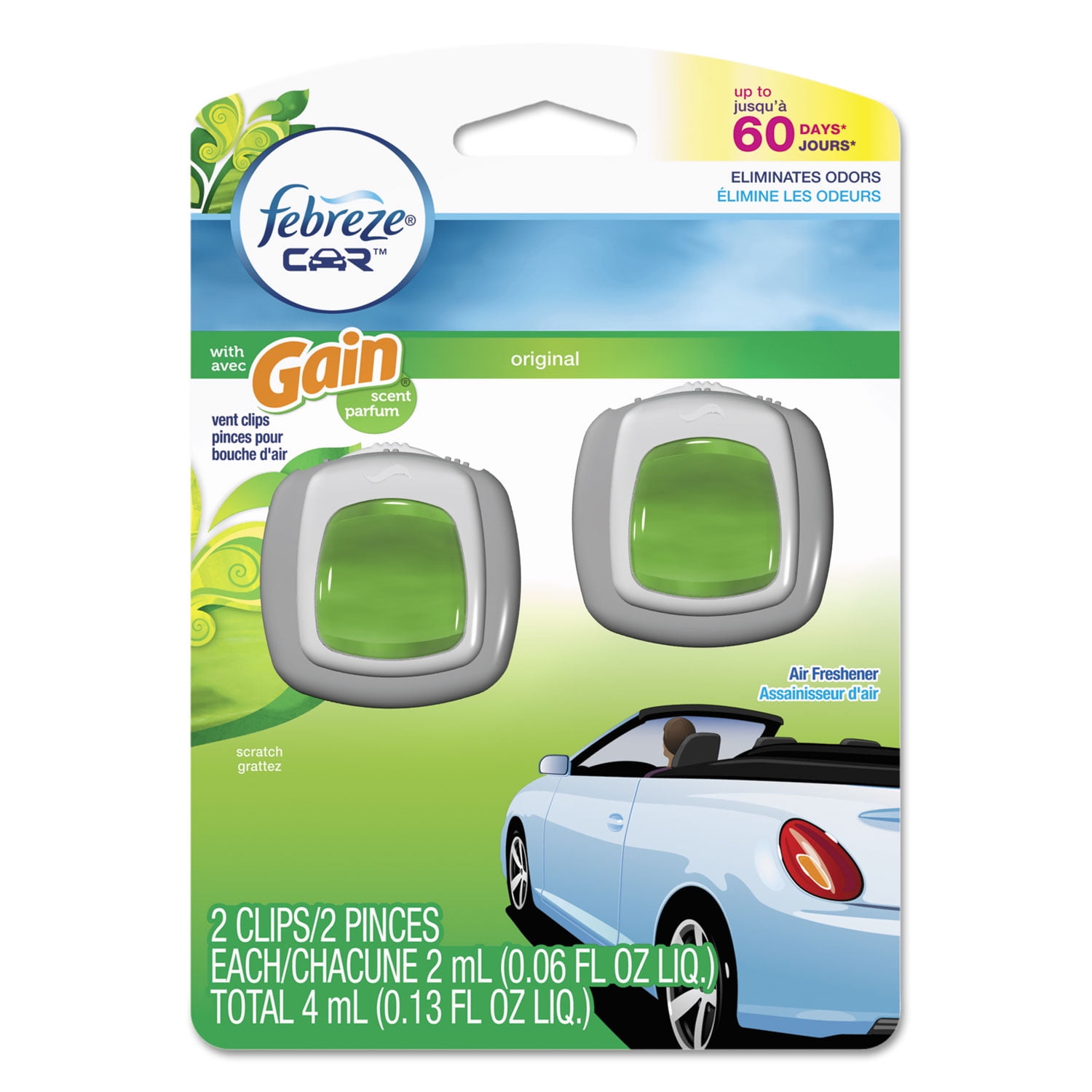 Febreze CAR Air Freshener Gain Original 2 ml Clip 2/Pack 8 Pk/Carton