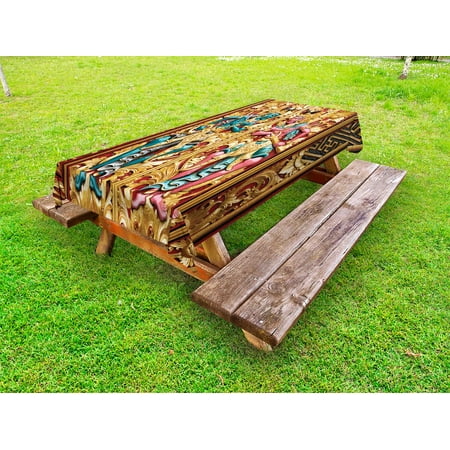 - Balinese Outdoor Tablecloth, Temple Door in Indonesia with Traditional Carved Golden Leaves Flowers Patterns, Decorative Washable Fabric Picnic Tablecloth, 58 X 120 Inches, Gold brown, by Ambesonne