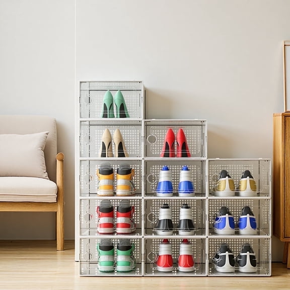 X-Large Shoe Storage Boxes,12 Pack Shoe Storage Organizer,Clear Stackable Shoe Box for Closet,Foldable Shoe Rack,Sneaker Container Bin Holder (White)