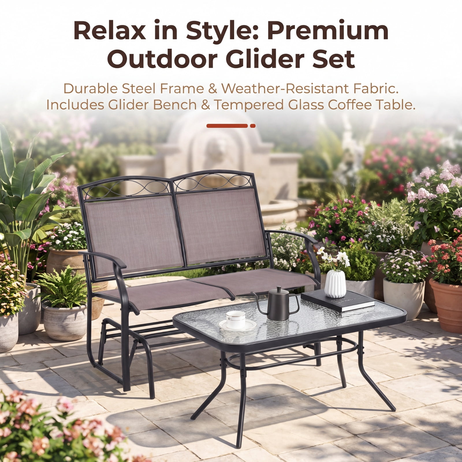 Furnibear 2 Piece Outdoor Gliding Loveseat Chair with Tempered Glass Coffee Table for Patio Backyard Porch and Poolside, Brown
