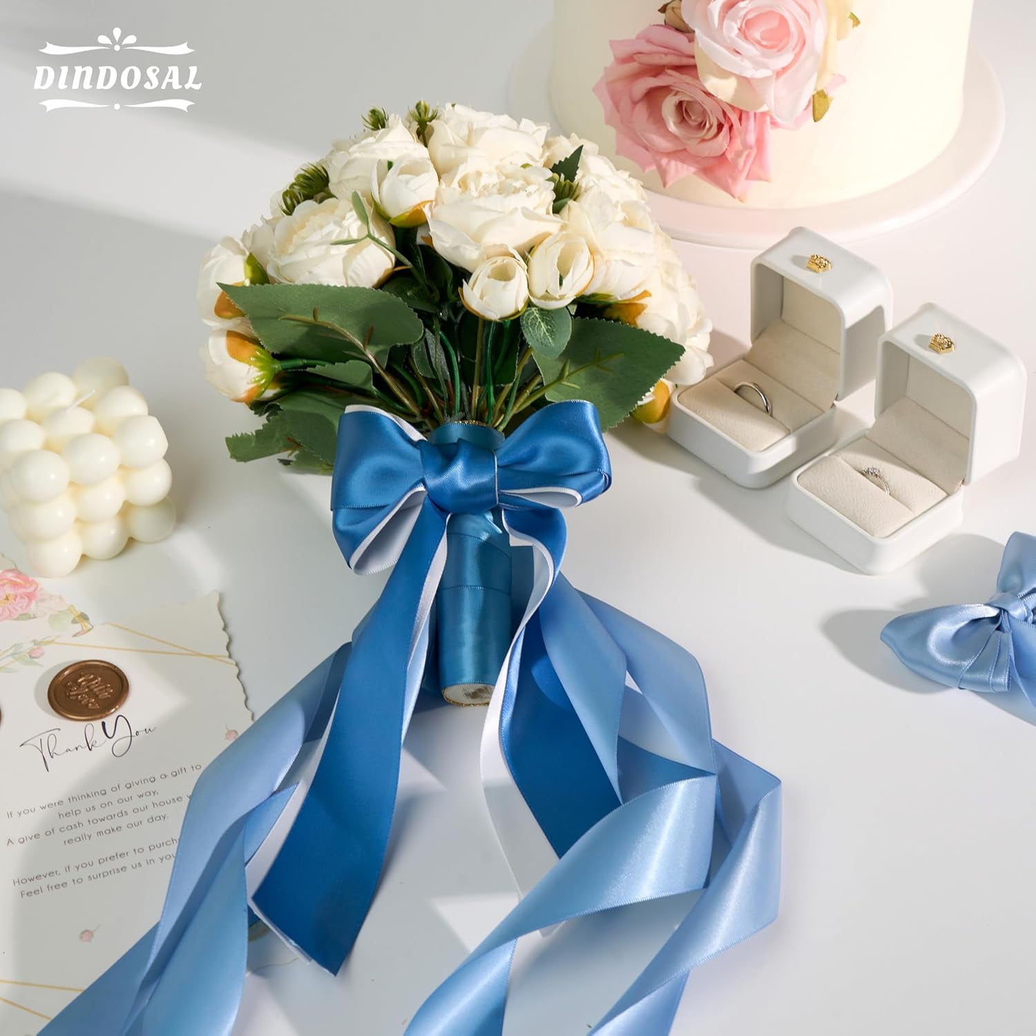 Dusty Blue Satin Ribbon Set, 1 1/2 Inch x 25 Yards, 5 Rolls French Blue Antique Blue Ribbon for Wedding, Flower Bouquet, Gift Wrapping, Hair Bows, Crafts and Party Decorations