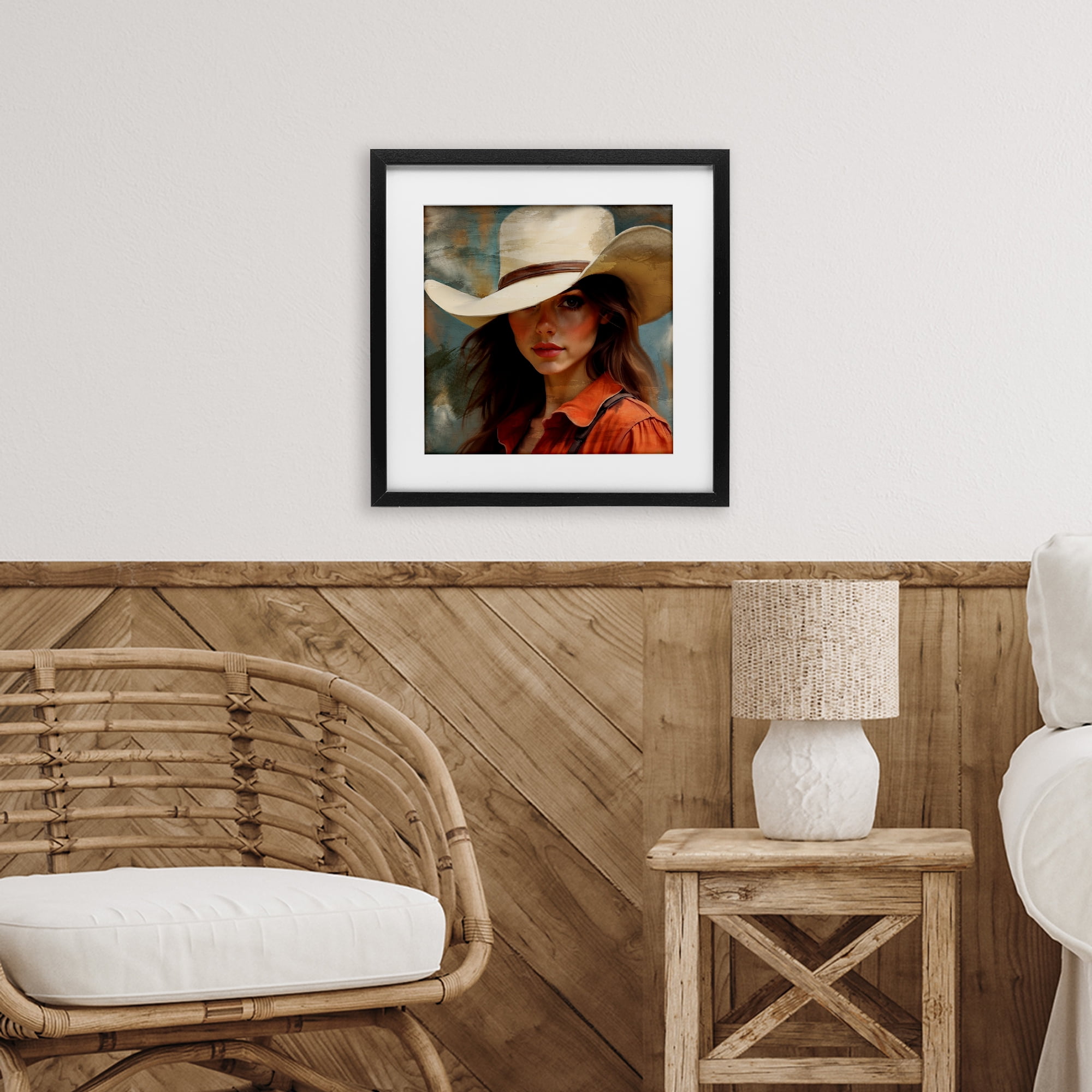 Cowgirl Gaze Beneath Hat Black Framed Print Under Glass, design by Kim Allen