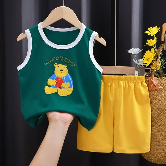 Pitauce Toddler Baby Boys Sleeveless Cute Graphic Summer Clothes Tank Tops with Shorts 2 Piece Set Soft Cotton Casual Outfits 0-6 Years