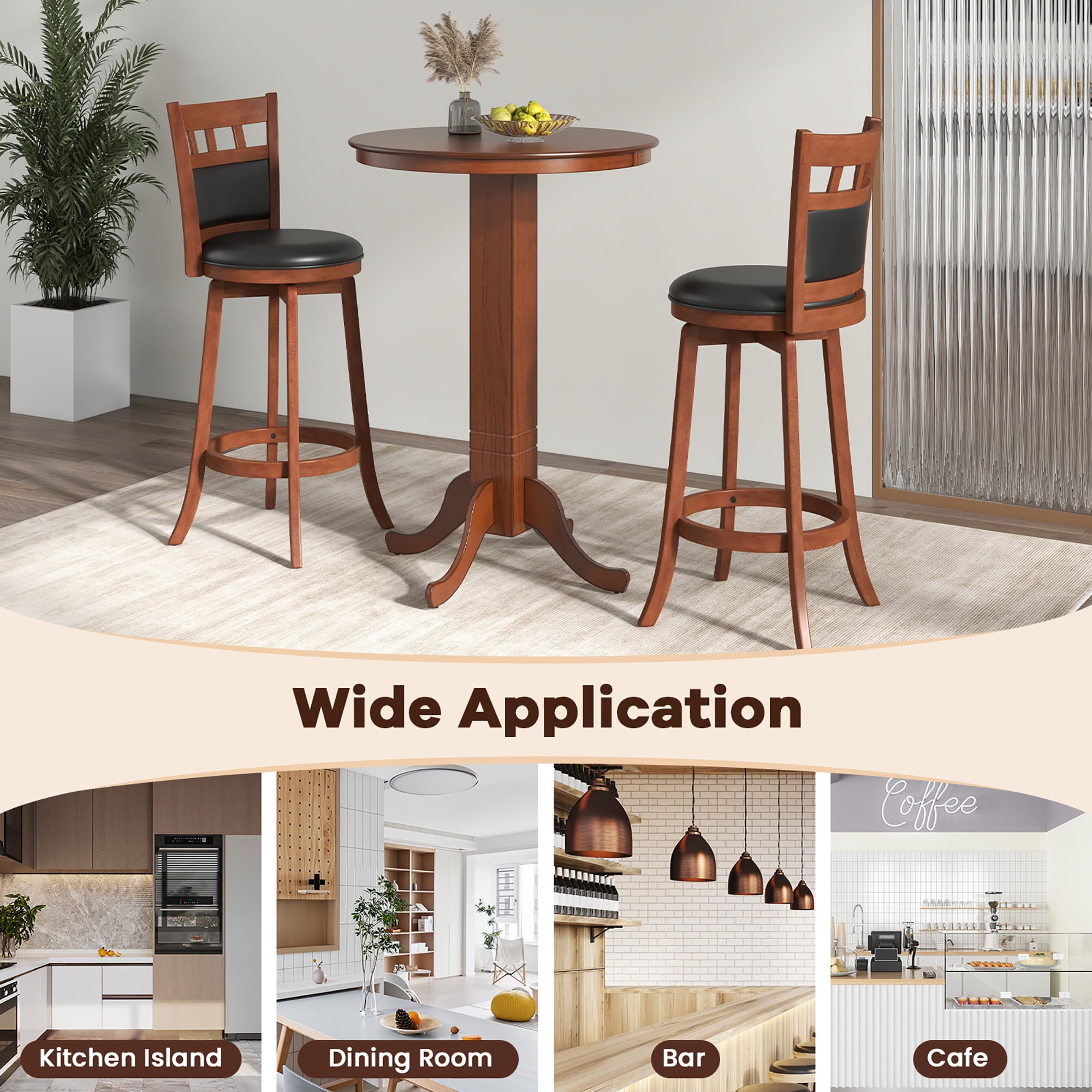 Gymax Wood Swivel Bar Stools Set of 4 w/ Faux Leather Upholstered Seat & Back