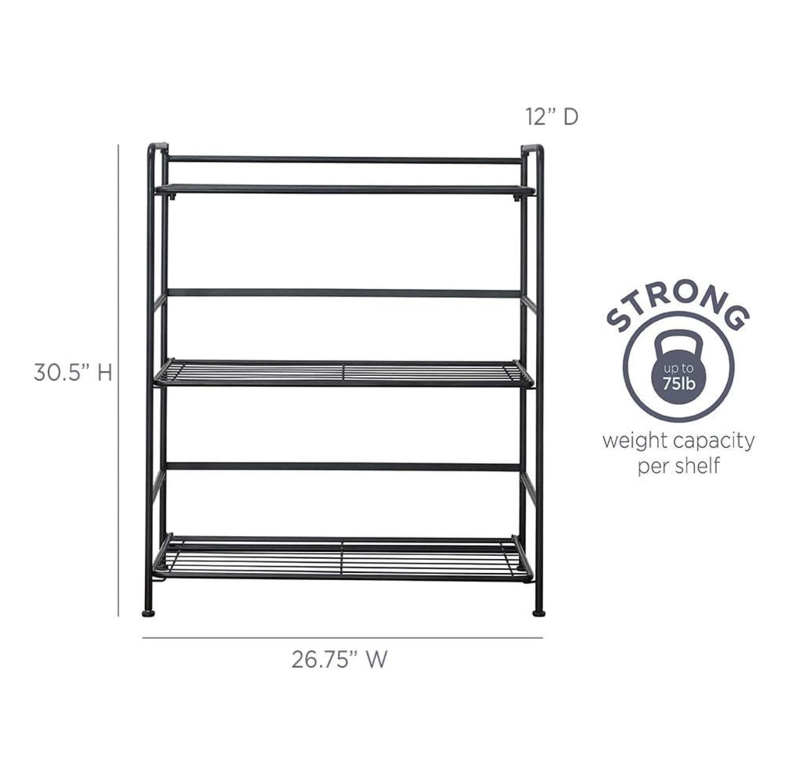 Folding Metal Bookcase-Small Space -No Assembly-Home, Kitchen, Bathroom and Office Black, 3 Shelves, Wide
