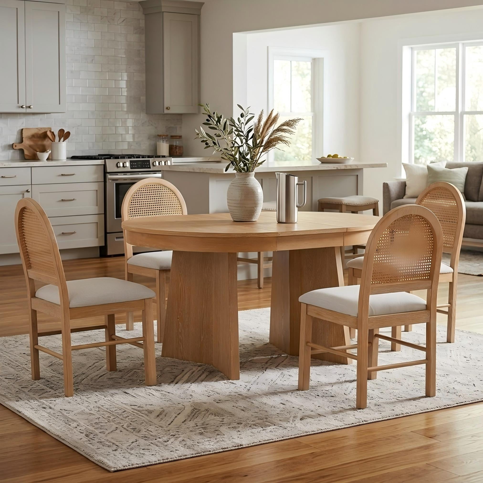Aukfa 5-Piece Extendable Dining Table Set for 4, Kitchen Round Table with 4 Upholstered Rattan Back Chairs, Retro Dining Room Furniture, Natural Wood