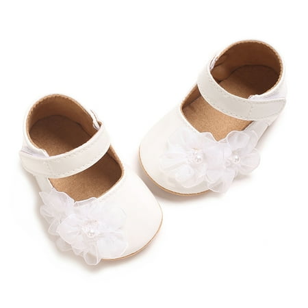Mildsown Baby Girls Mary Jane Flats Cute Pearl Flower Dress Shoes Non-Slip