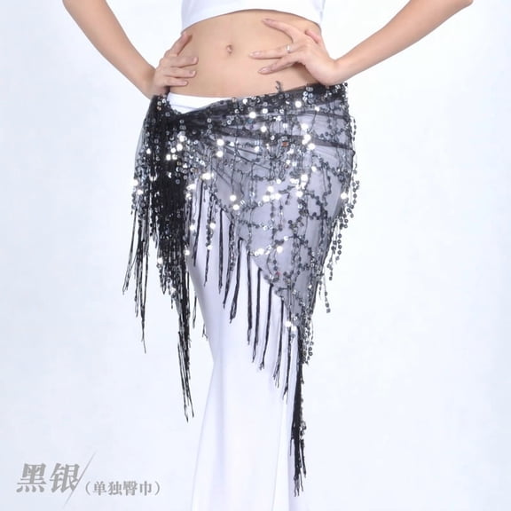 Zhuge Women's Belly Dance Hip Scarf, Sequin Tassel Tribal Triangle Wrap Skirt with Waist Chain, Black Silver