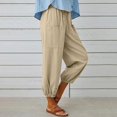 thumbnail image 2 of Women High Waist Linen Capri Pants Drawstring Elastic Waist Loose Cropped Trousers Side Pockets Button Cuff Casual Joggers, 2 of 5