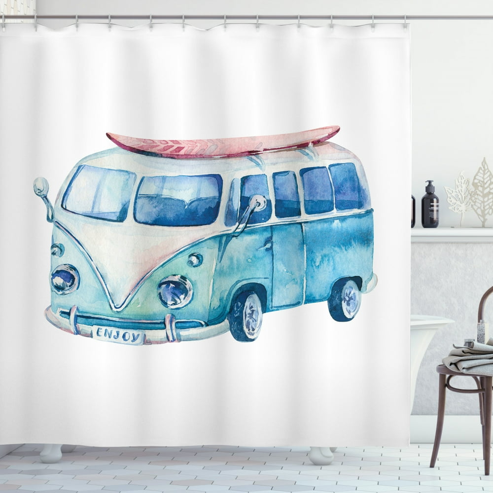 Travel Shower Curtain, Watercolor Design Happy Camper Single Van with ...