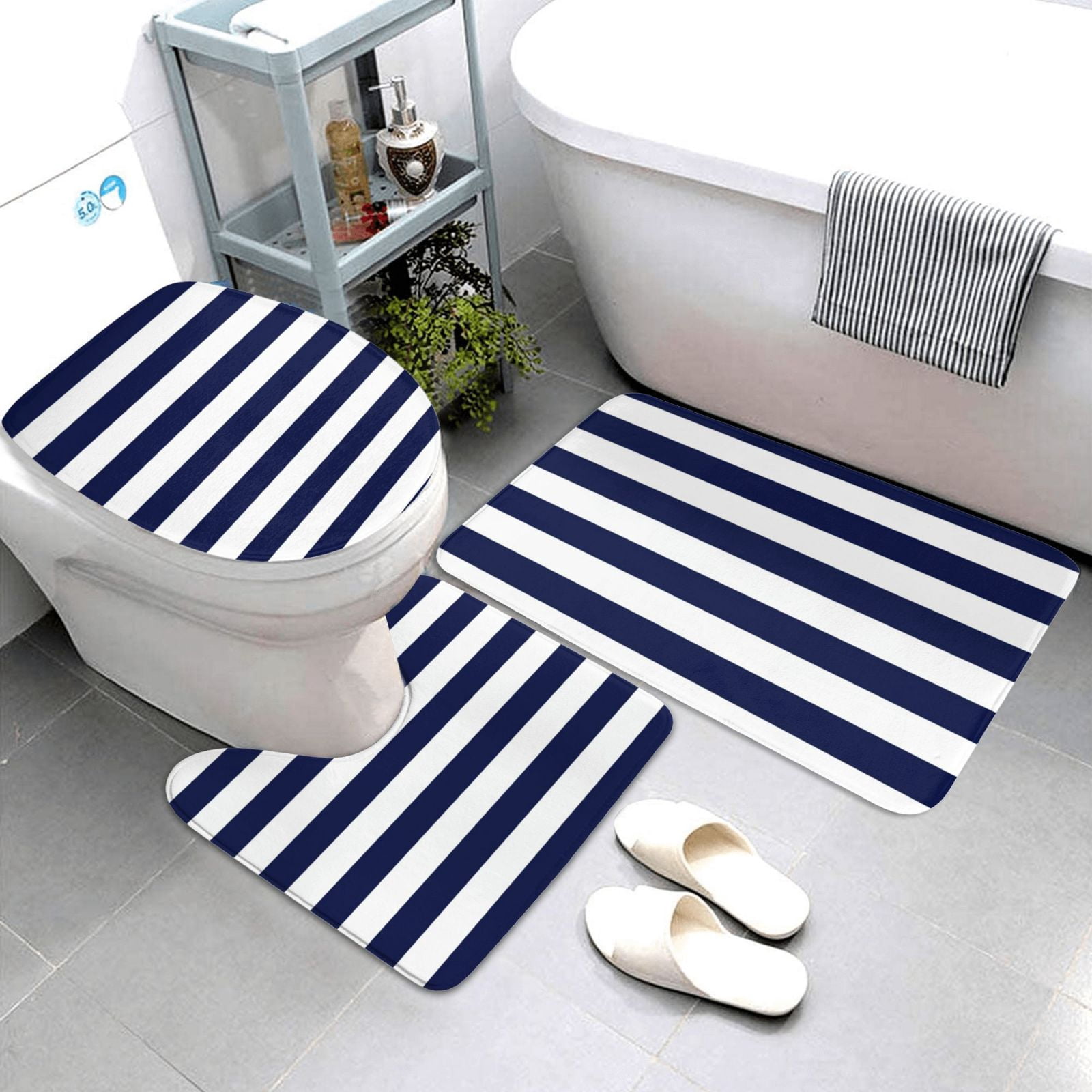 Bathroom Rugs Sets 3 Piece - Navy Blue And White Stripes Absorbent Non Slip Bath Mats, U-Shape Toilet Lid Cover, Contour Mat, Soft Washable Shower Mats Bath Rug Mat for Bathroom Tub Toilet