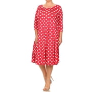 Women's Casual Plus Loose Fit 3/4 Sleeve Jersey Knit A-Line Big Polka Dot Midi Dress