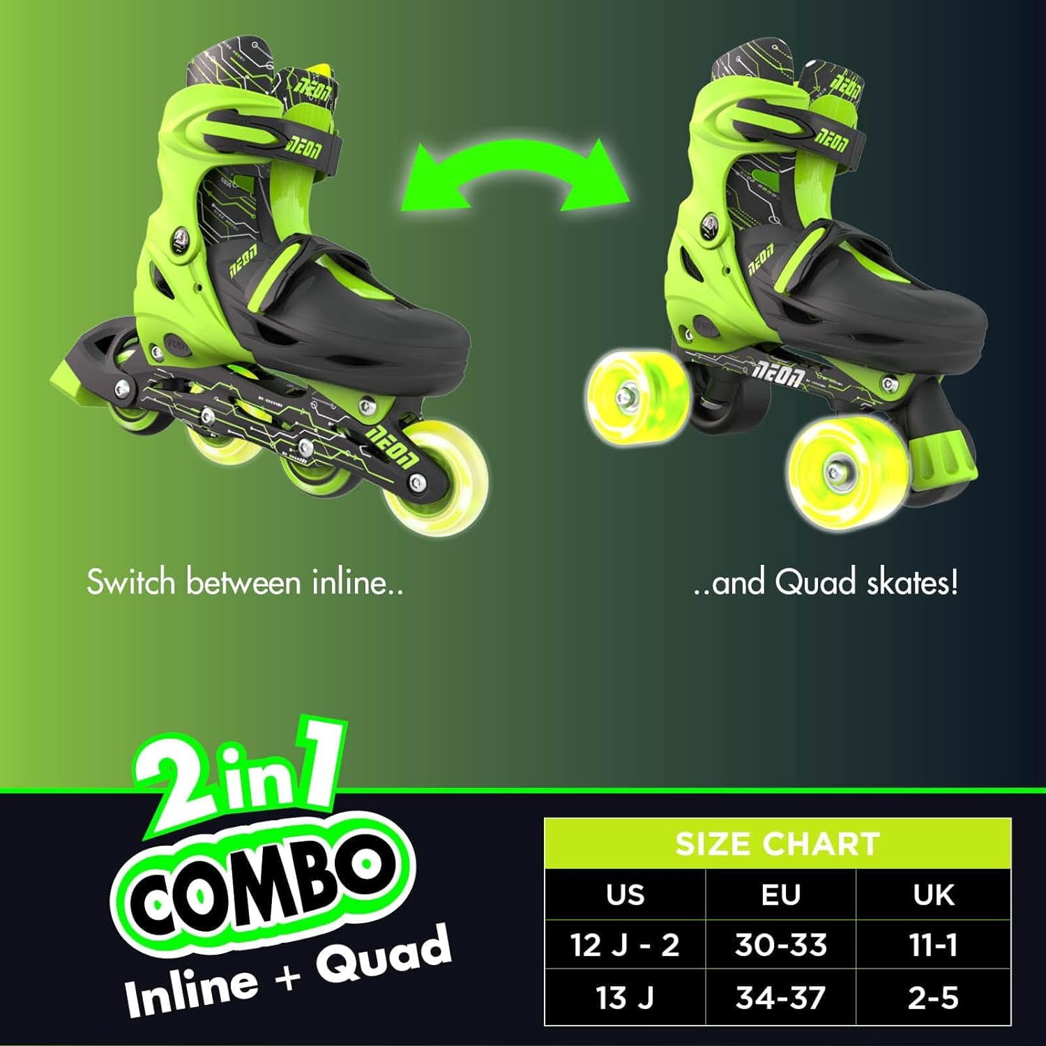 Yvolution Neon Roller Skates 2 in 1 Inline Skates and Quad - Girls and Boys Kids Skates, Size 12-2 Adjustable, One Pair, Green