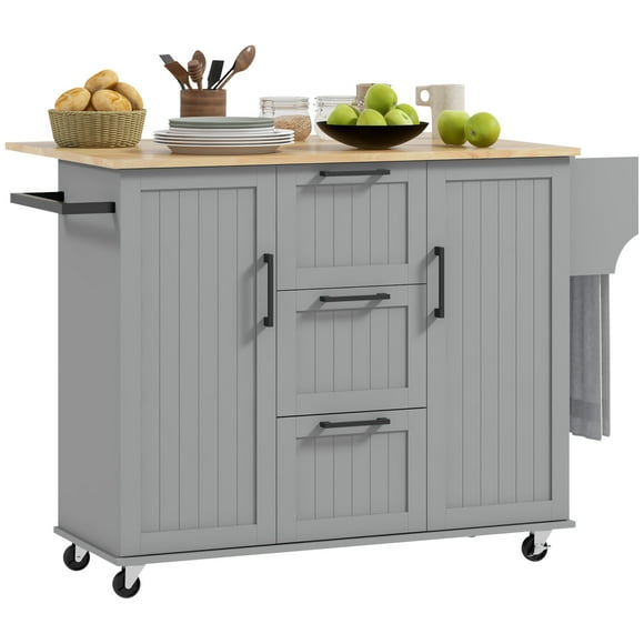 HOMCOM Kitchen Island on Wheels, Kitchen Cart with Drop Leaf Drawers Grey