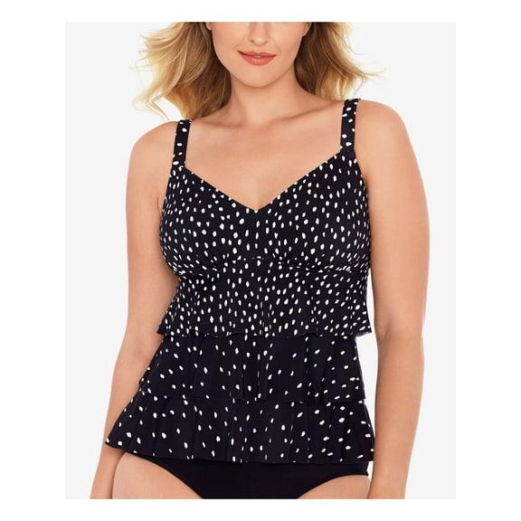 SWIM SOLUTIONS Women's Black Printed Stretch Allover Slimming Tiered Hem Lined Deep V Neck Adjustable Tankini Swimsuit Top 10
