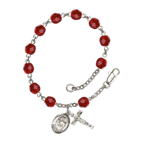 St. Kevin Silver Plate Rosary Bracelet 6mm July Red Fire Polished Beads Crucifix Size 5/8 x 1/4 medal charm