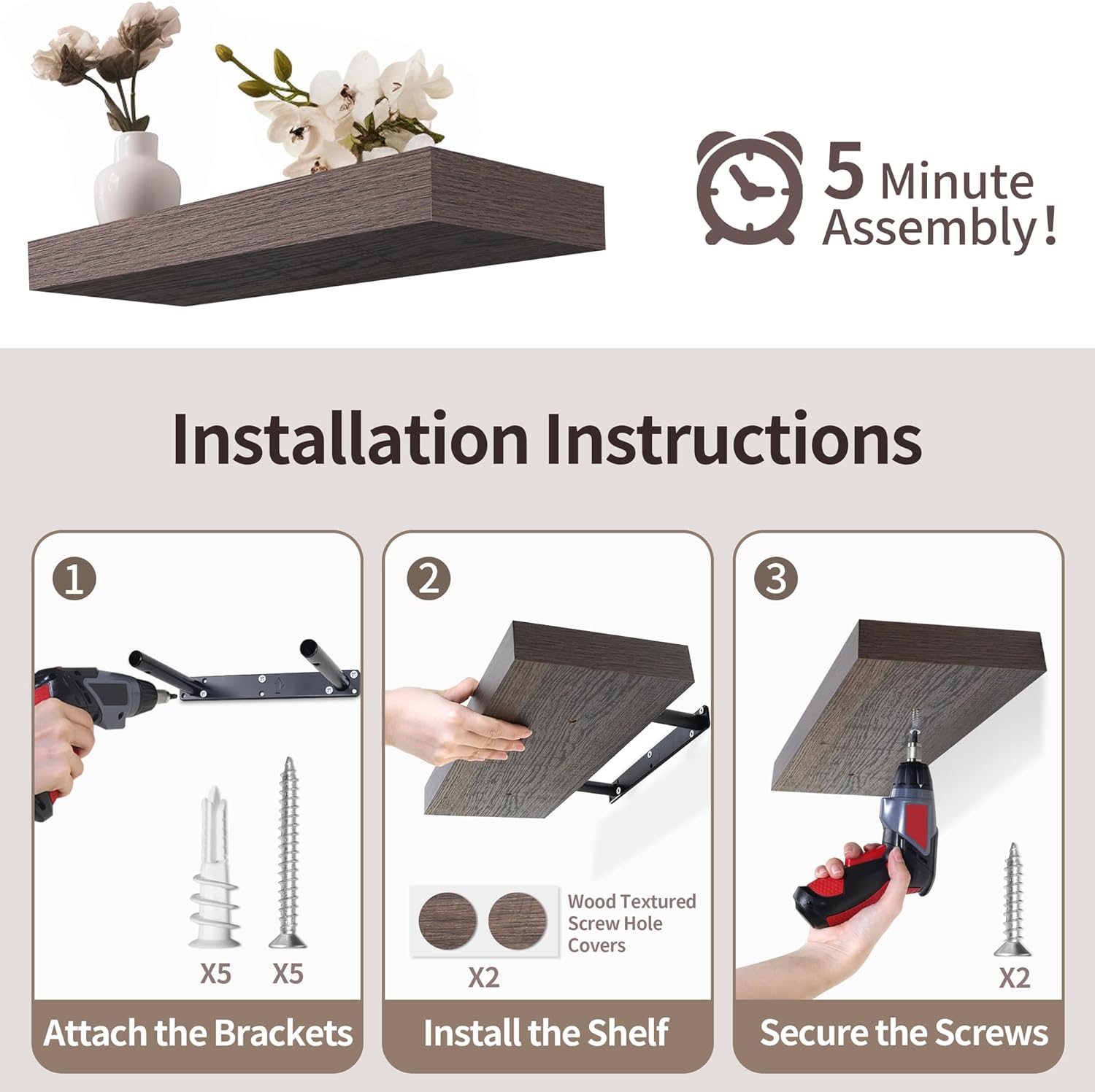 Floating Shelves, 36 Inch Wall Shelf Set of 2, Hanging Shelf with Invisible Brackets, Wall Decor for Bathroom, Bedroom, Living Room, Kitchen Storage, Rustic Brown