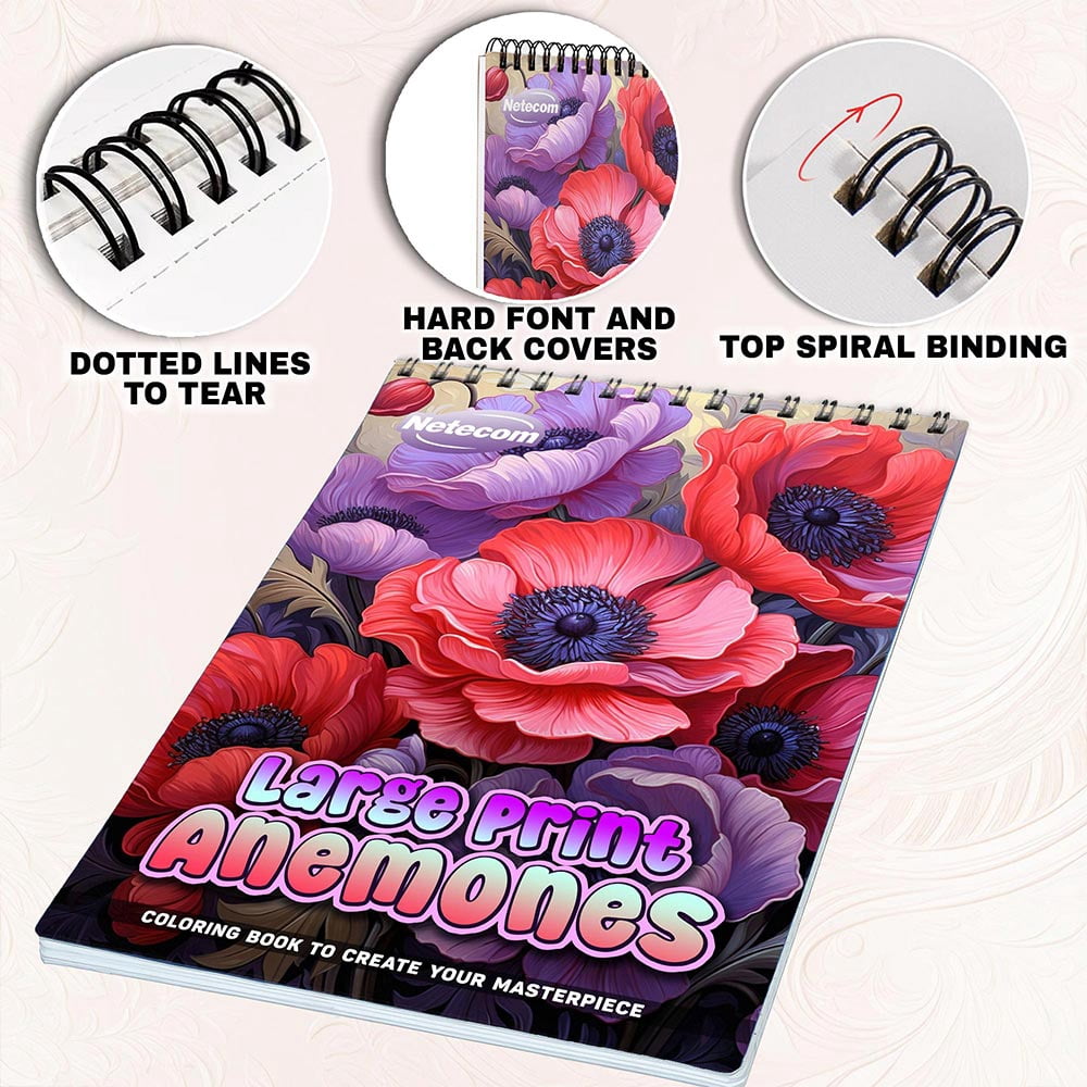 Netecom Large Print Anemones Coloring Book for Adults, Spiral Bound, Soft Cover