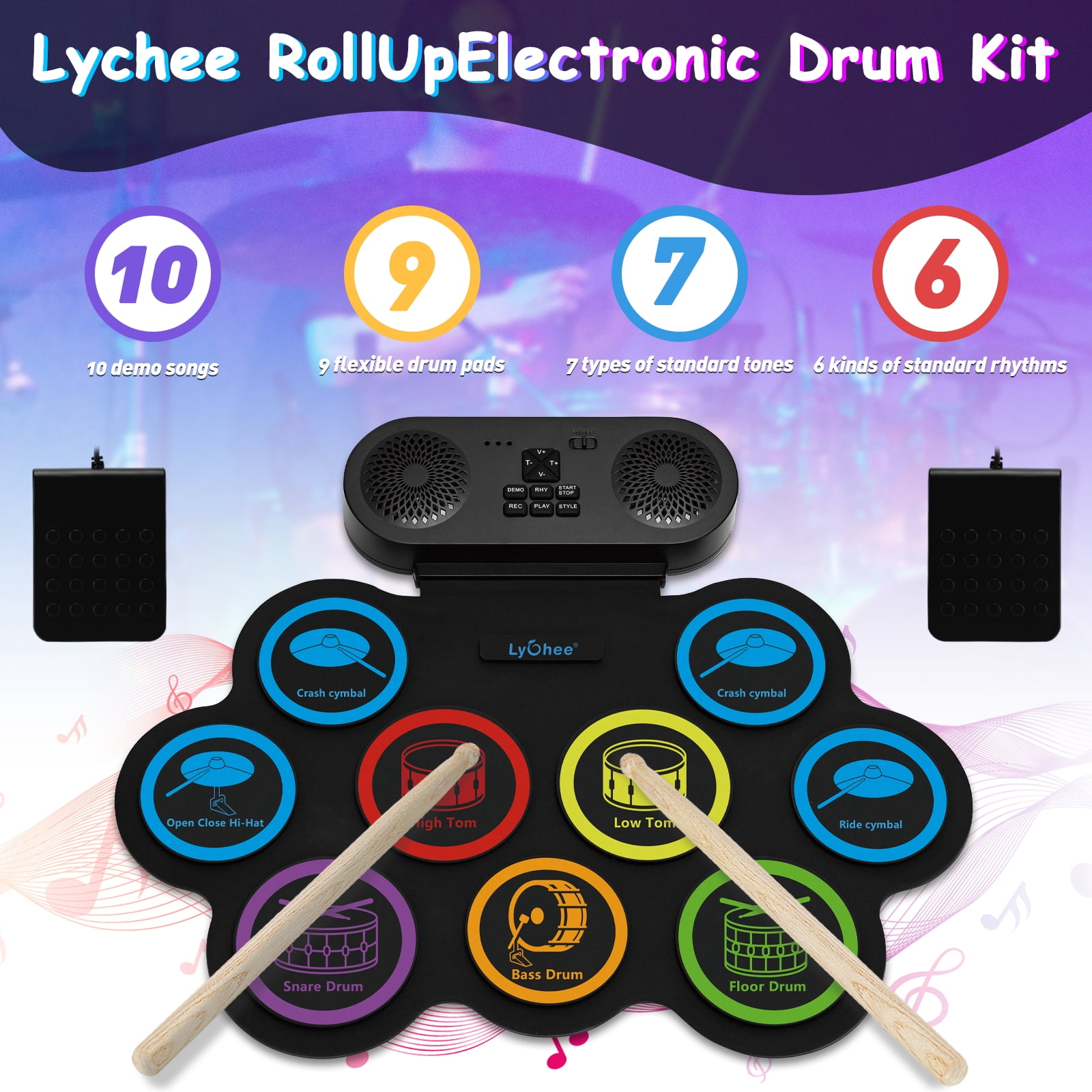 Lychee Electronic Drum Set with Headphone Jack, 9 Stereo Roll-up Drum Practice Pad, Built-in Speaker Drum Pedals Sticks Support External Connection, Great Holiday Xmas Birthday Gift for Kids