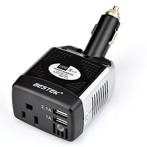 BESTEK Car Power Inverter Onduleur de voiture 150W 12V à 110V Convertisseur  Adaptateur secteur chargeur de voiture avec 2 ports de charge USB, Noir  (3.1A partagé) 