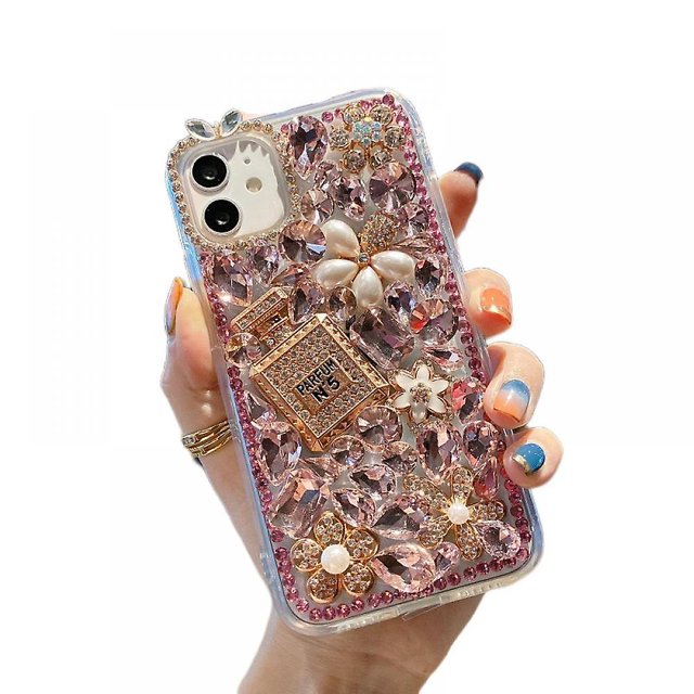 Funda protectora transparente hecha a mano con perfume de diamantes de imitación de cristal brillante de lujo para Iphone 13 Pro Max Case, (rosa) Feliz Sencillez