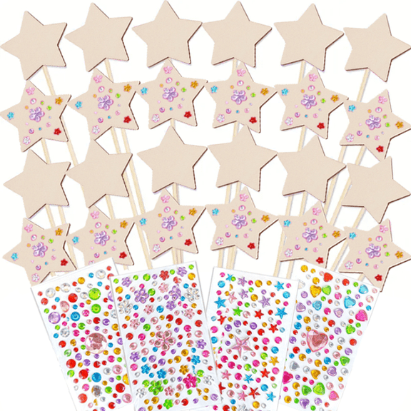 28Pcs Unfinished Star Fairy Wands and Crystal Patchwork Set, 24 Wooden Star Wands with 4 Crystal Patches for DIY Craft Projects, Themed Party Decorations, Creative Fun for Daily