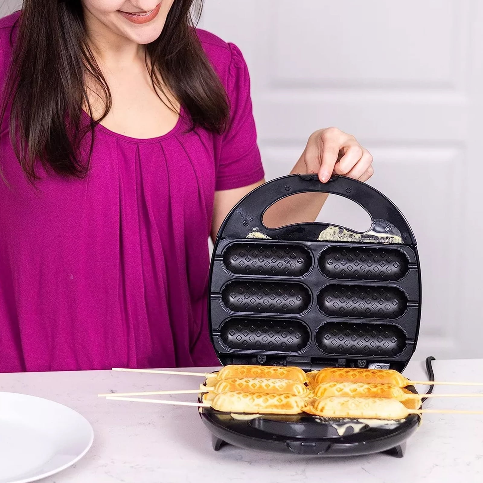 Corn Dog Waffle Maker,Hot Dog Presser Maker, Hot Dog Waffle Machine with Non-stick Coating Plate, Hot Dog Maker Toaster Make 6 Corn Dogs,Stick Maker Hot Dog Maker