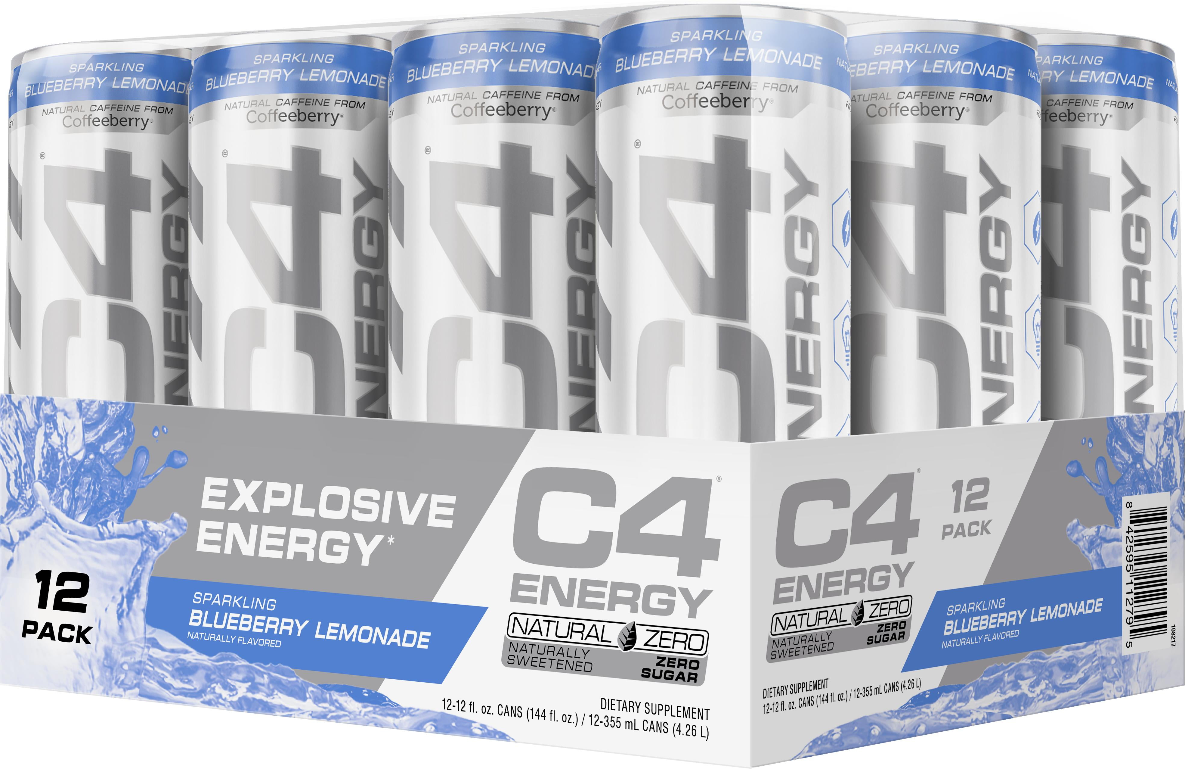 C4 Explosive Energy, Natural Zero Carbonated Drink, Blueberry Lemonade, 12oz Cans, 12 Pack