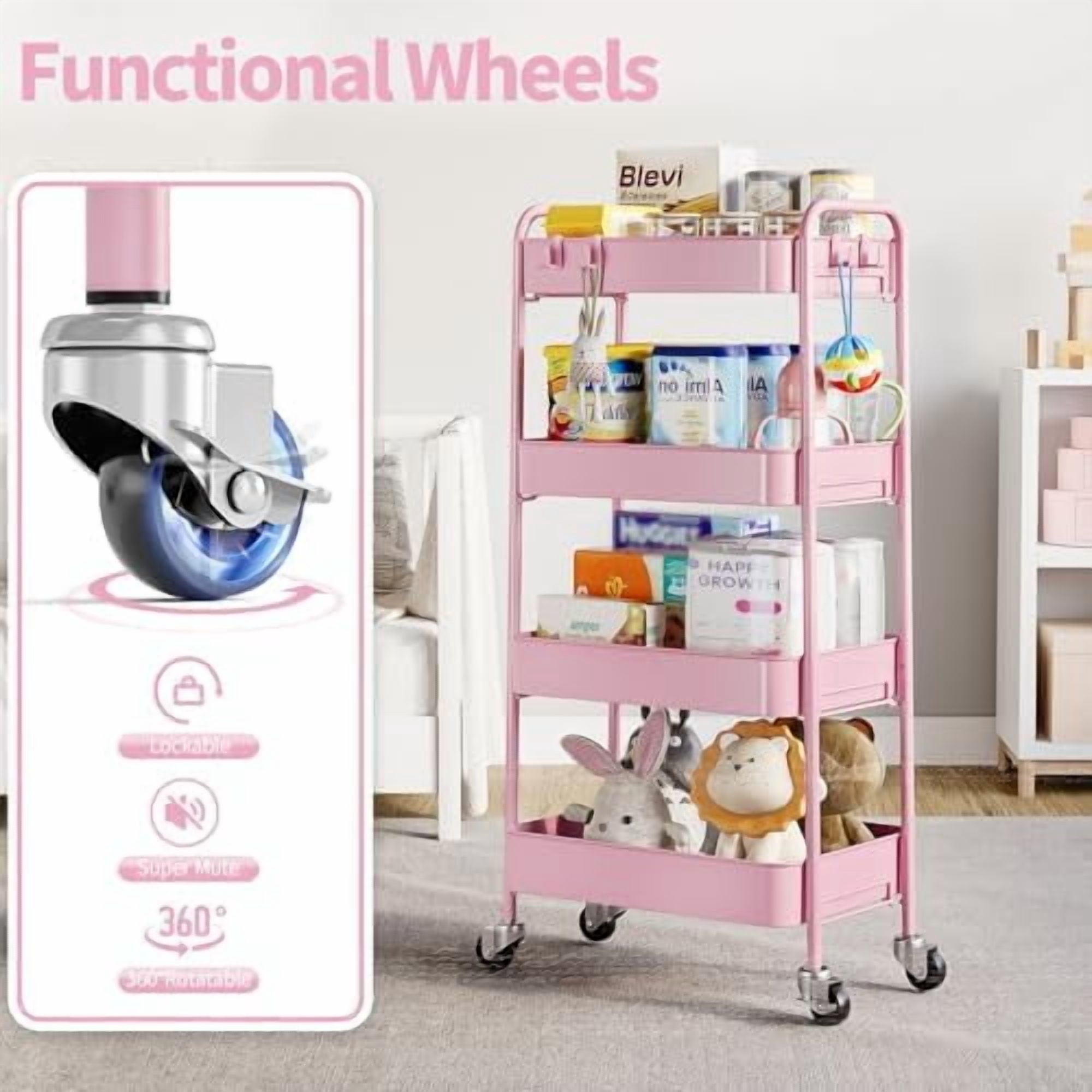 4-Tier Metal Rolling Cart with Wheels, Storage Utility Organizer Cart for Kitchen, Bathroom, Office, Baby Essentials & Makeup - Lockable Casters, Easy Assembly, Large Capacity, Pink