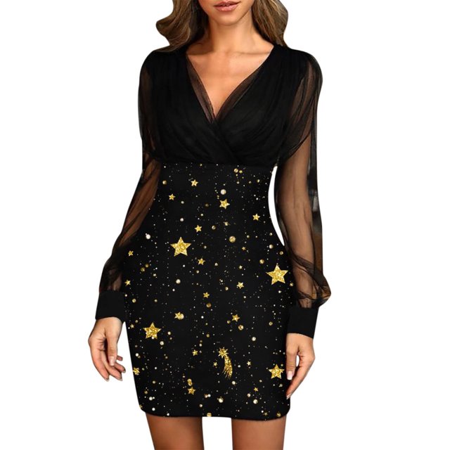 Vestidos brillantes con cuello en V sexy para mujer Mini vestido con corsé Vestido de tubo de malla de manga larga Slim Fit para fiesta Club Night Fridja NMB2400