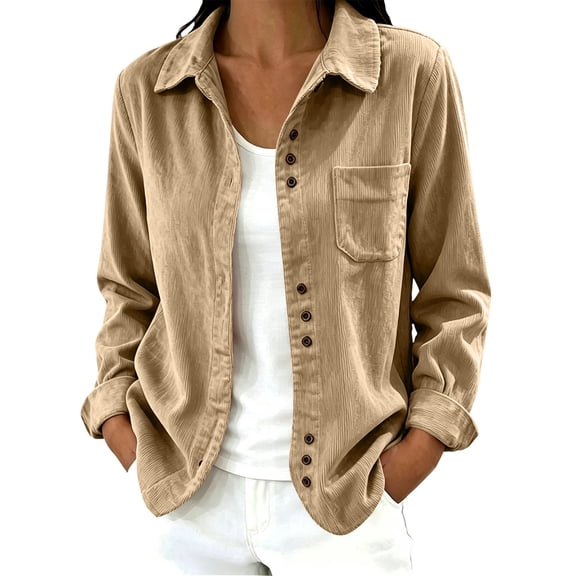 QIYAGBSA Corduroy Shirts for Women Button Down Long Sleeve Relaxed Fit Casual Overshirt with Pocket for Spring Fall (Khaki, 2XL)