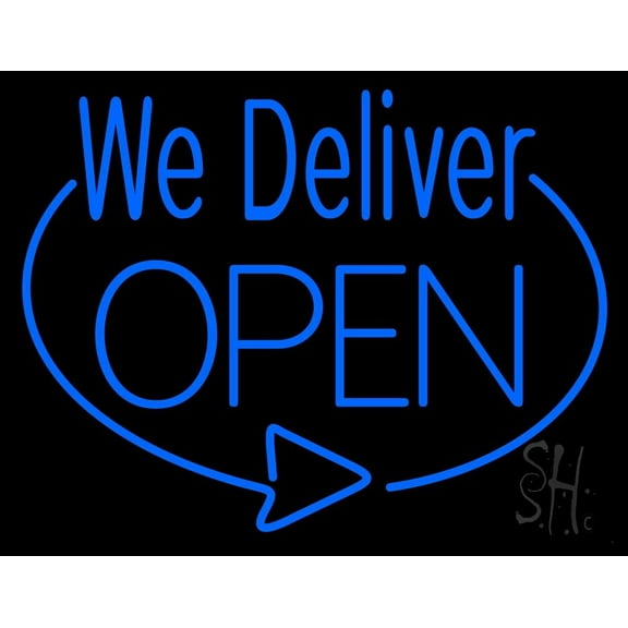 Blue We Deliver Open LED Neon Sign 24 x 31 - inches, Black Square Cut Acrylic Backing, with Dimmer - Bright and Premium built indoor LED Neon Sign for restaurant window and interior decor.
