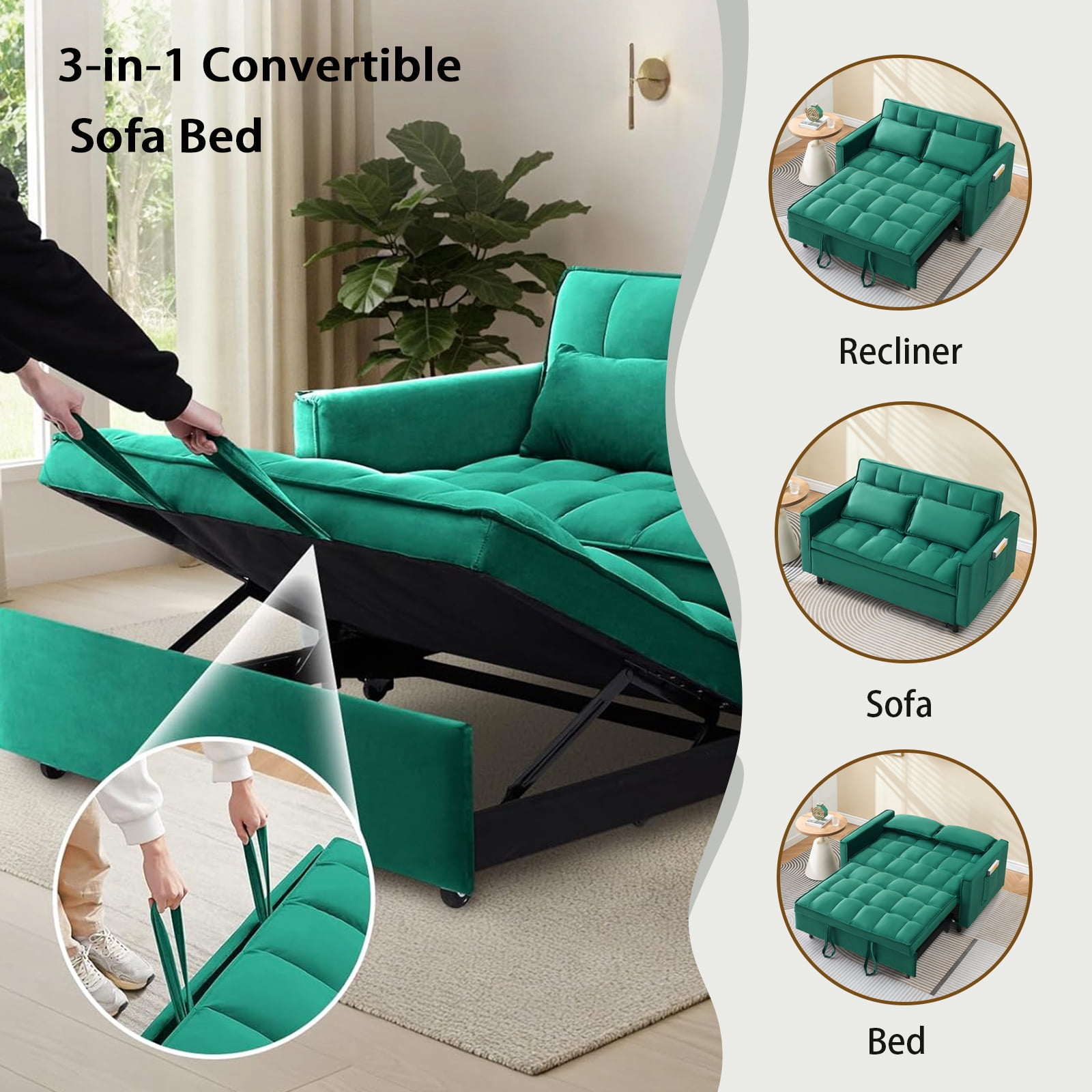 EPOWP 3 in 1 Folding Convertible Sofa Bed,55'' Pull Out Couch Bed with Side Pocket,Velvet Fabric Loveseat Sleeper Sofa with Adjustable Backrest,Easy Assembly,Perfect for Living Room,Green