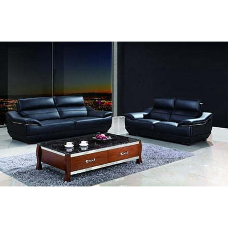 Maxwest P568 Modern Black Genuine Leather Sofa And Loveseat Set 2 Pcs
